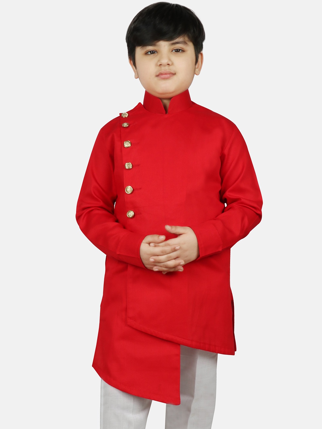 

SG YUVRAJ Boys Red Asymmetric Raw Silk Kurta