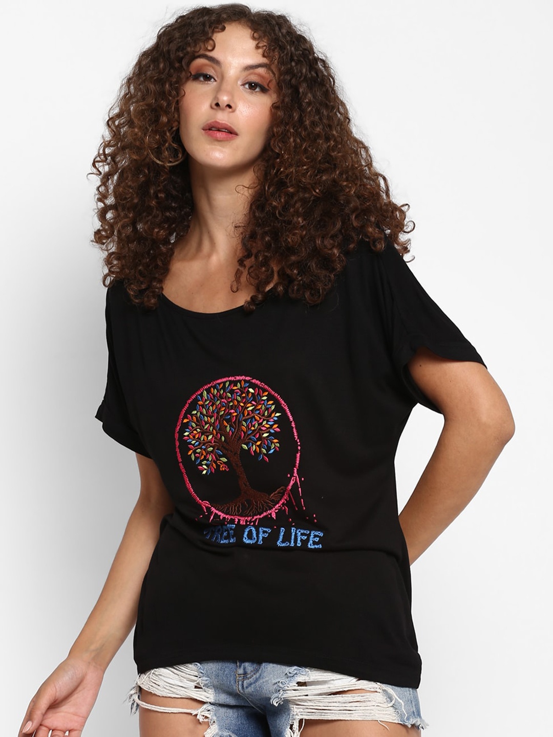 

Taurus Black & Pink Floral Embroidered Regular Top