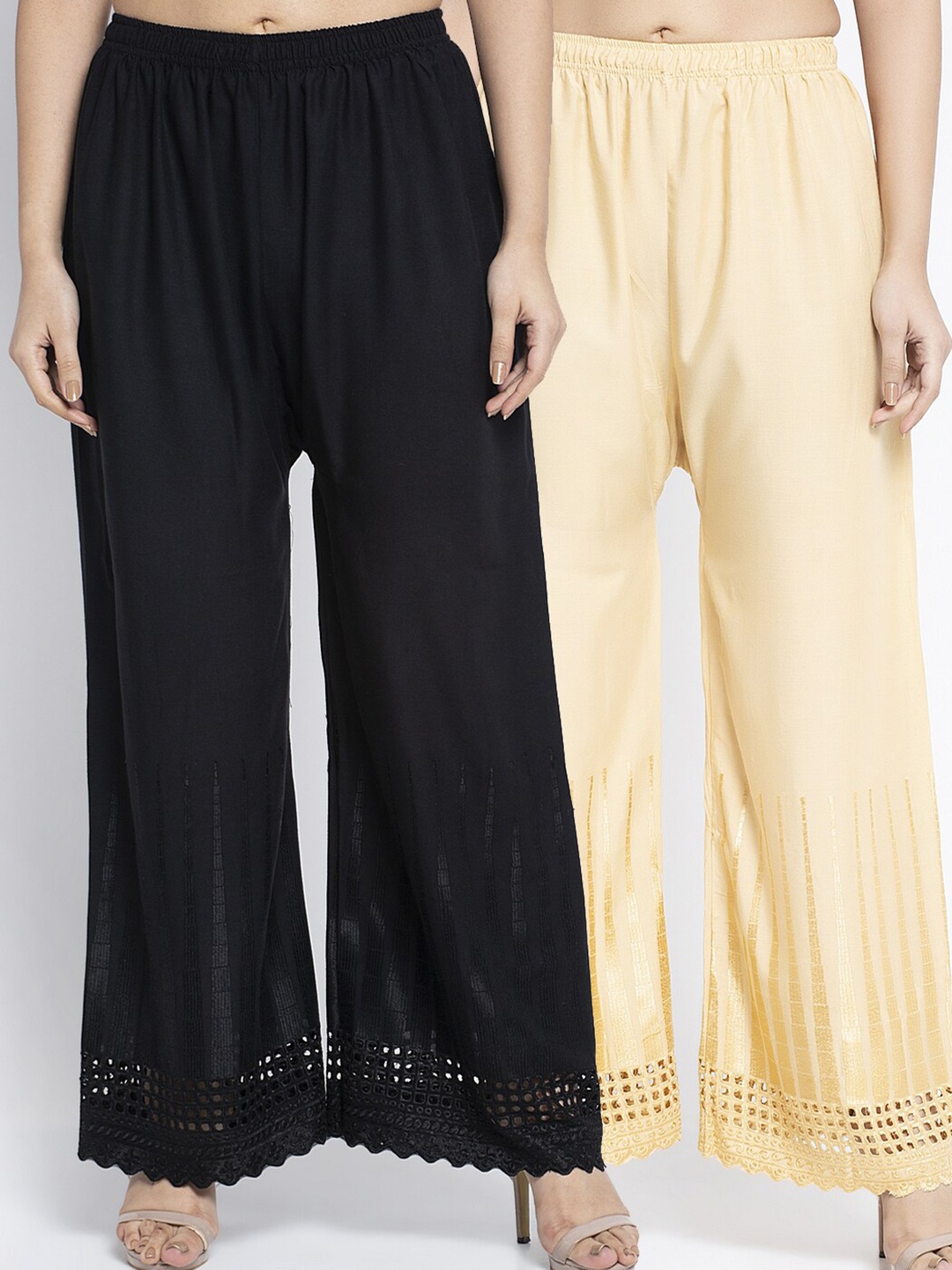 

GRACIT Women Pack of 2 Black & Beige Hem Design Knitted Ethnic Palazzos