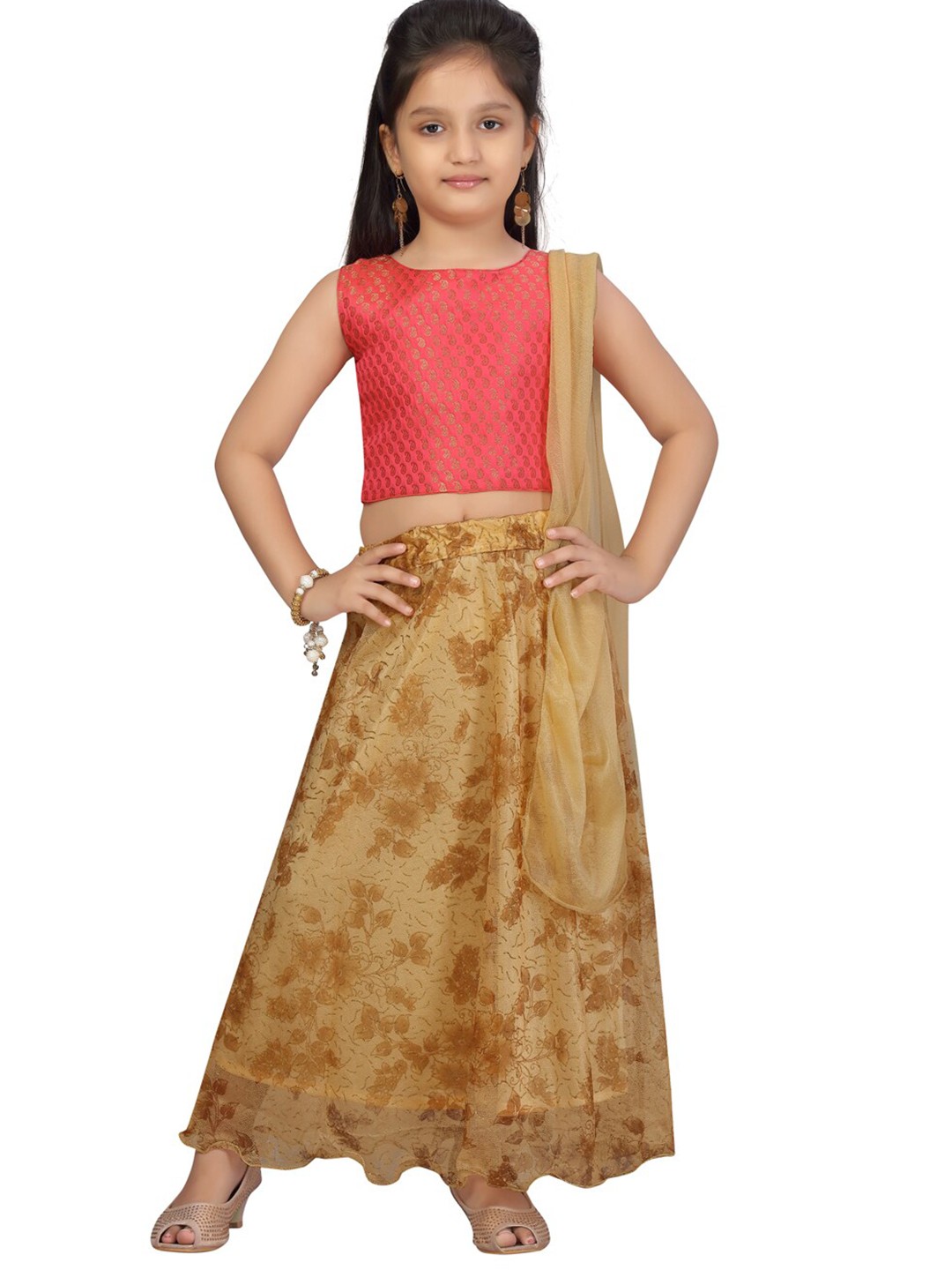 

Aarika Girls Red & Gold-Toned Woven Design Ready to Wear Lehenga & Blouse with Dupatta