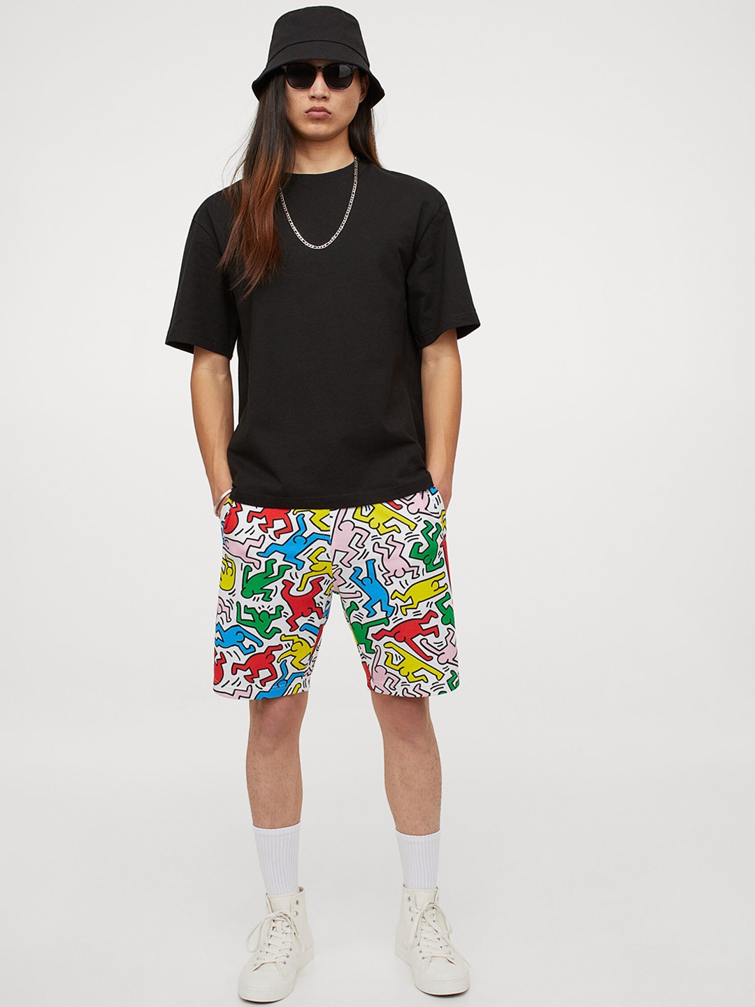 

H&M Men Multicoloured Patterned Sweatshirt Shorts, White
