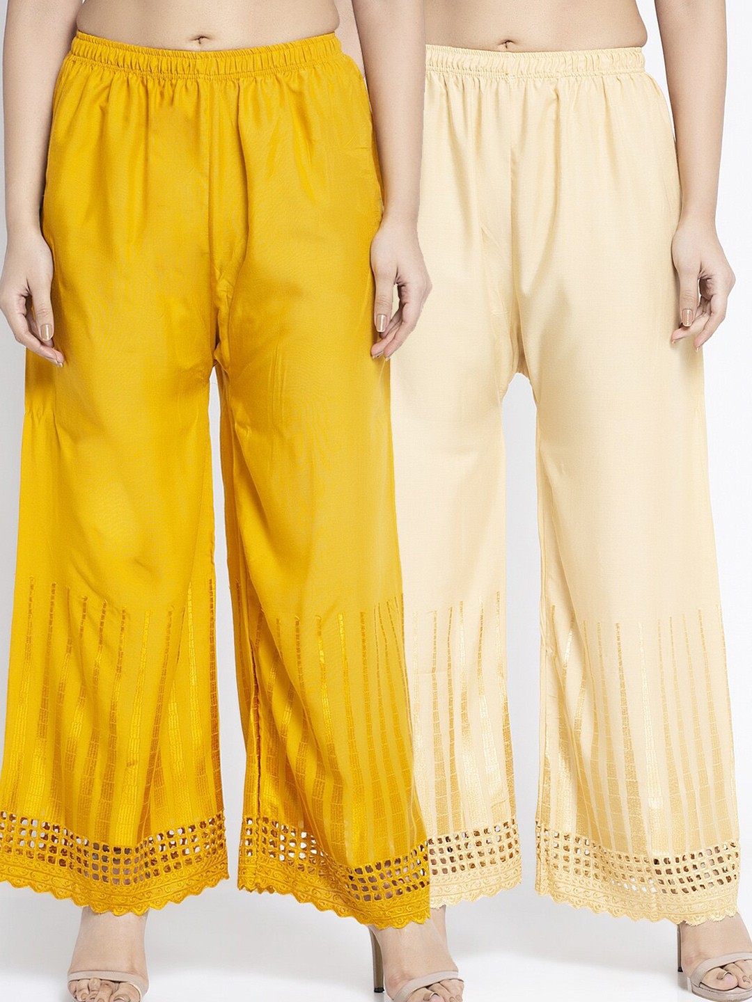 GRACIT Women Pack Of 2 Yellow & Beige 2 Hem Design Knitted Palazzos