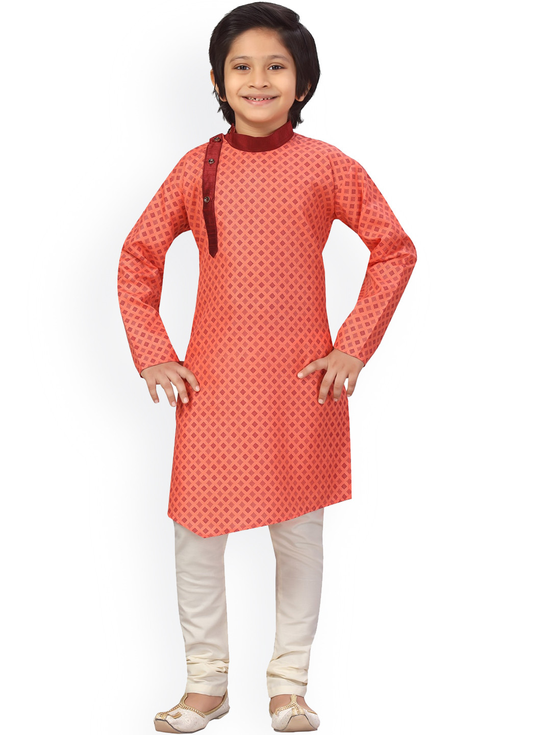 

LITTLE MAFIA BY Aarika Boys Red Ethnic Motifs Printed Regular Straight Pure Cotton Kurta