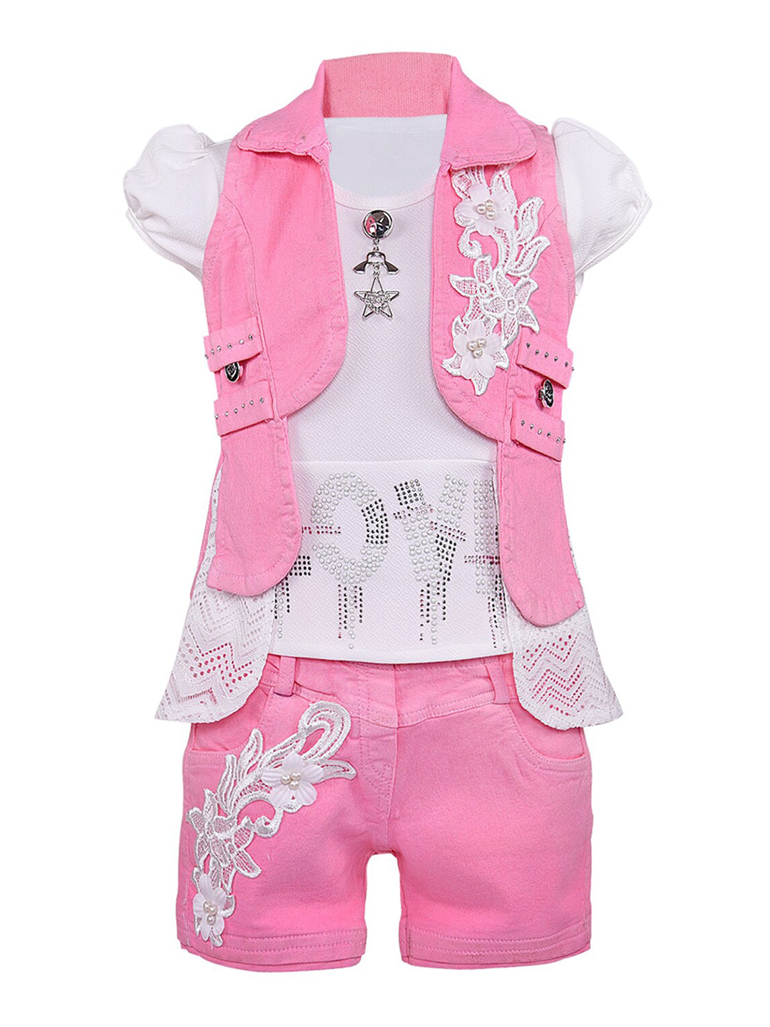 

Wish Karo Girls Pink & White Self Design Top with Shorts
