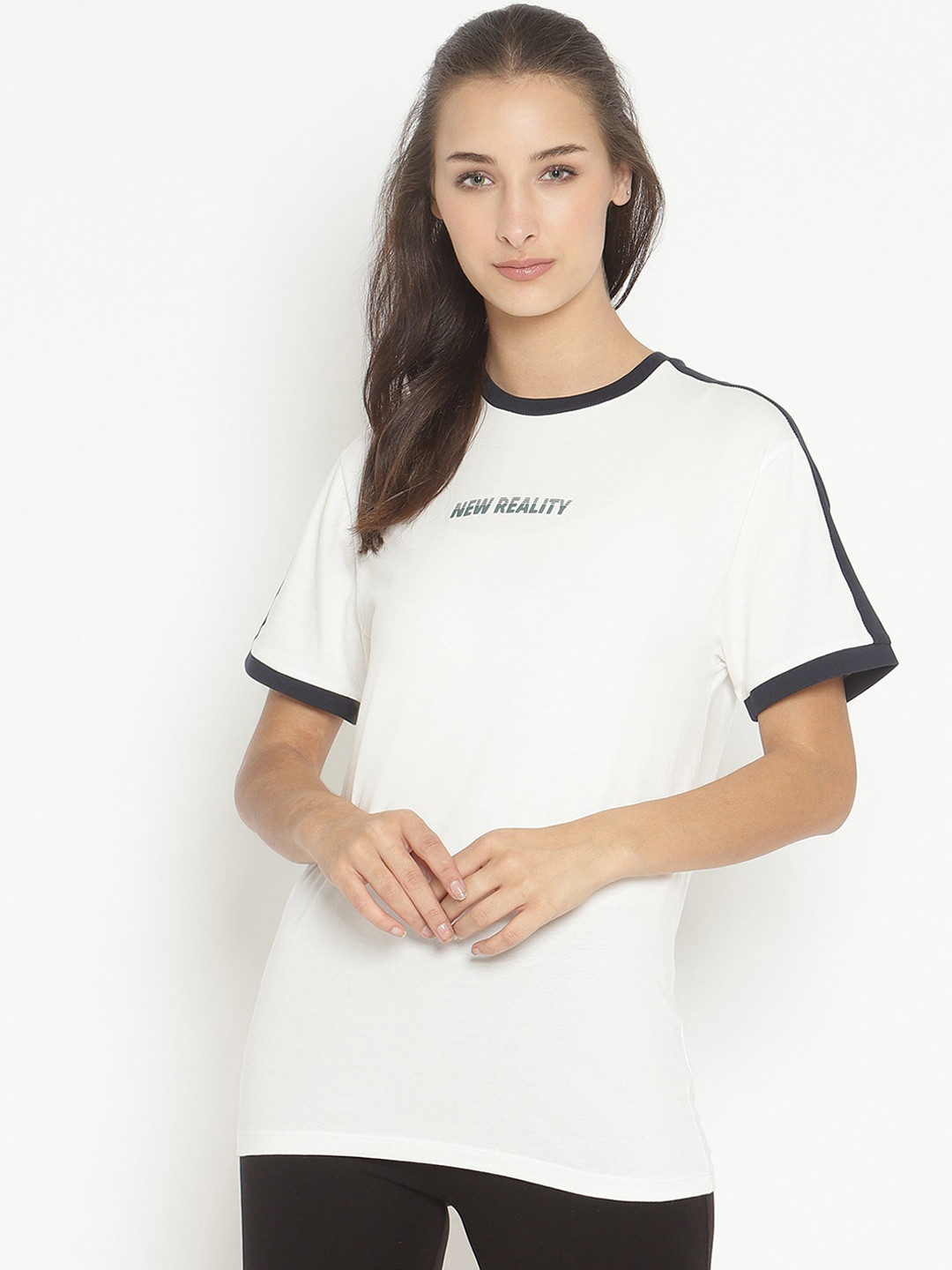 

COASTLAND Women White & Black Solid Cotton Lounge T-Shirt