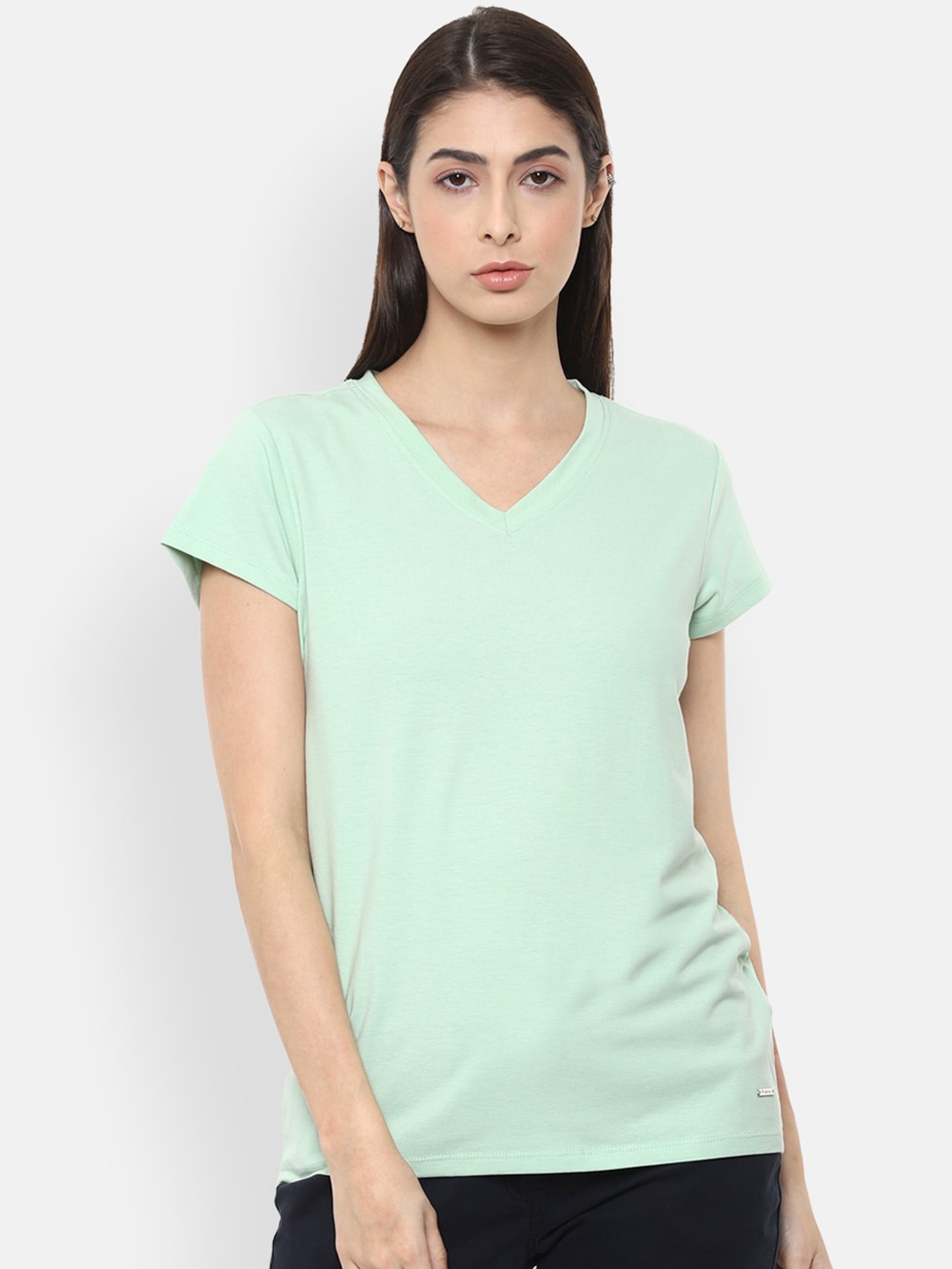 

Van Heusen Woman Women Green Solid V-Neck T-shirt