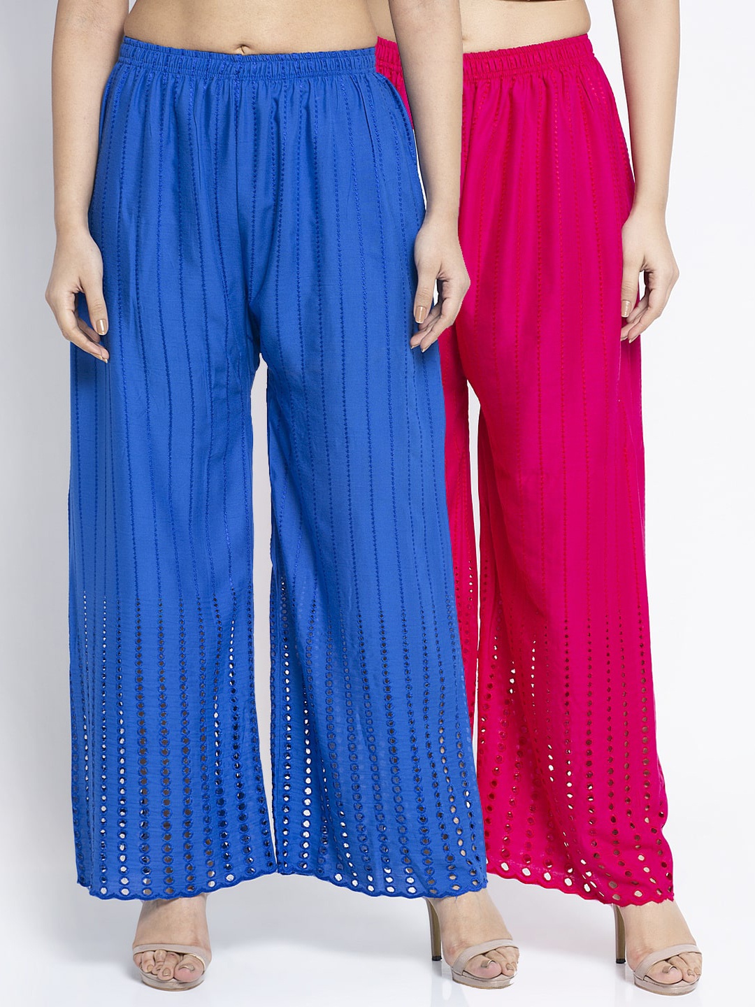 

GRACIT Women Pack Of 2 Blue & Pink Embroidered Knitted Ethnic Palazzos