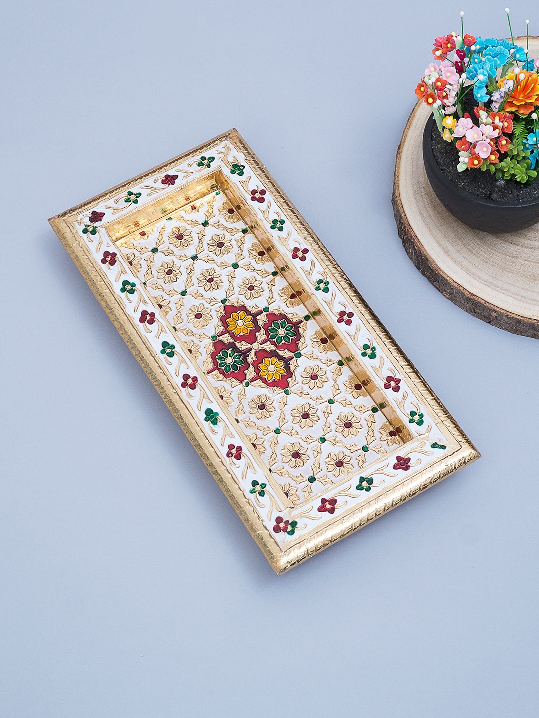 

Golden Peacock Gold-Toned Handcrafted Minakari Wooden Tray