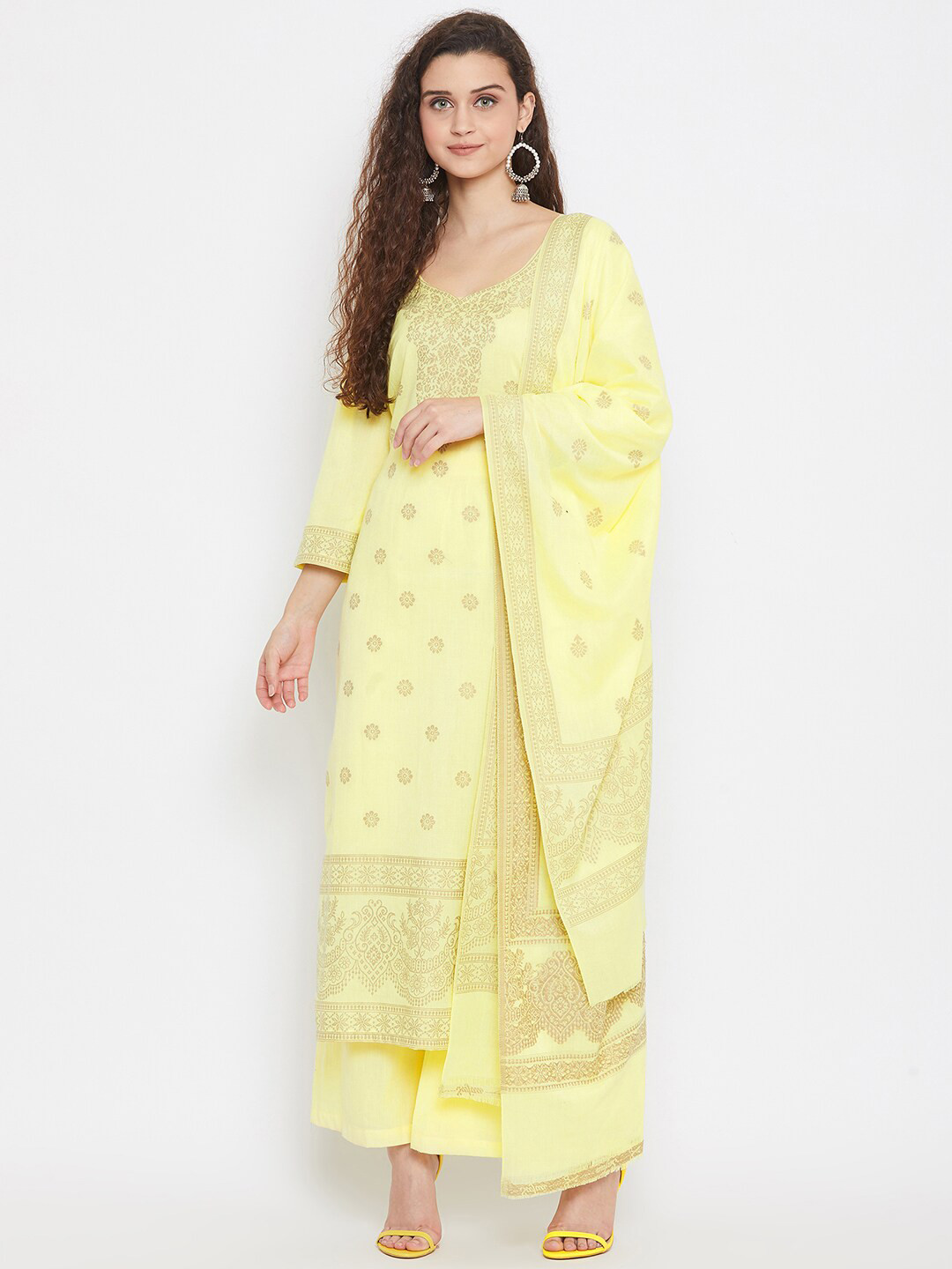 

Safaa Yellow & Beige Pure Cotton Jacquard Chikankari Woven Design Unstitched Dress Material For Summer