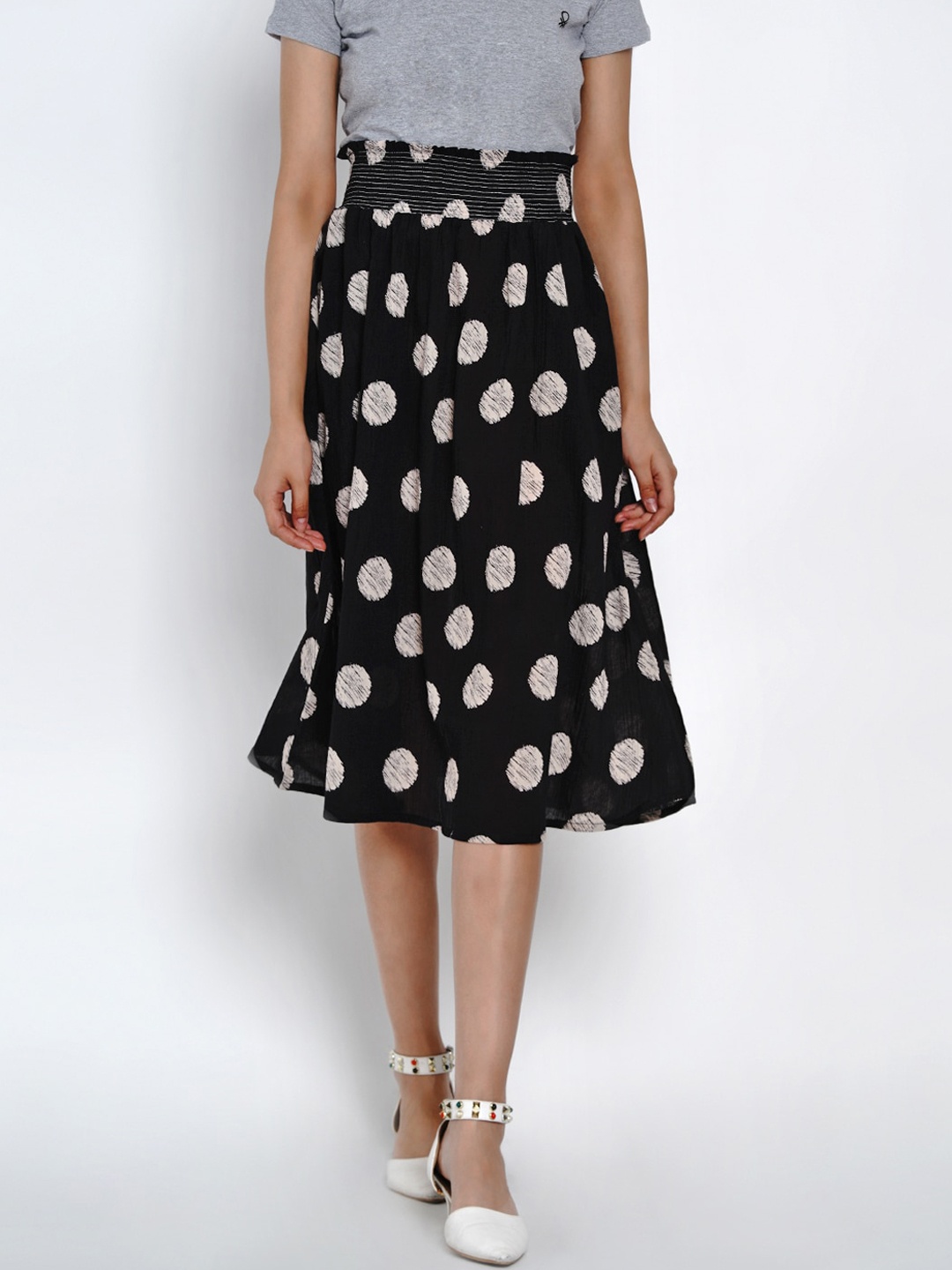 

Costura Black & White Polka Dot Printed 100% Cotton Flared Knee-Length Skirt