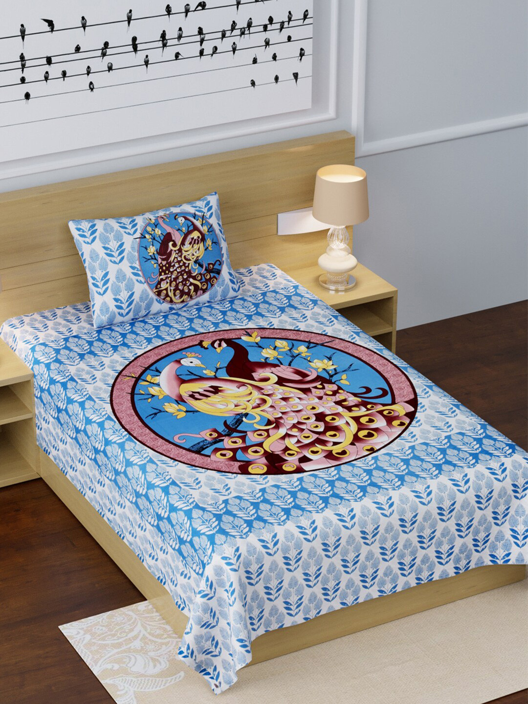 

LIVING ROOTS White & Blue Ethnic Motifs 210 TC Cotton 1 Single Bedsheet with 1 Pillow Covers