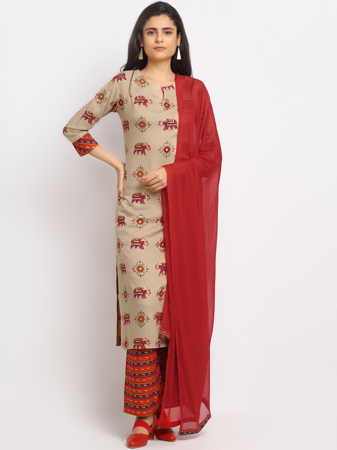 

VAABA Women Beige Printed Regular Kurta with Palazzos & With Dupatta