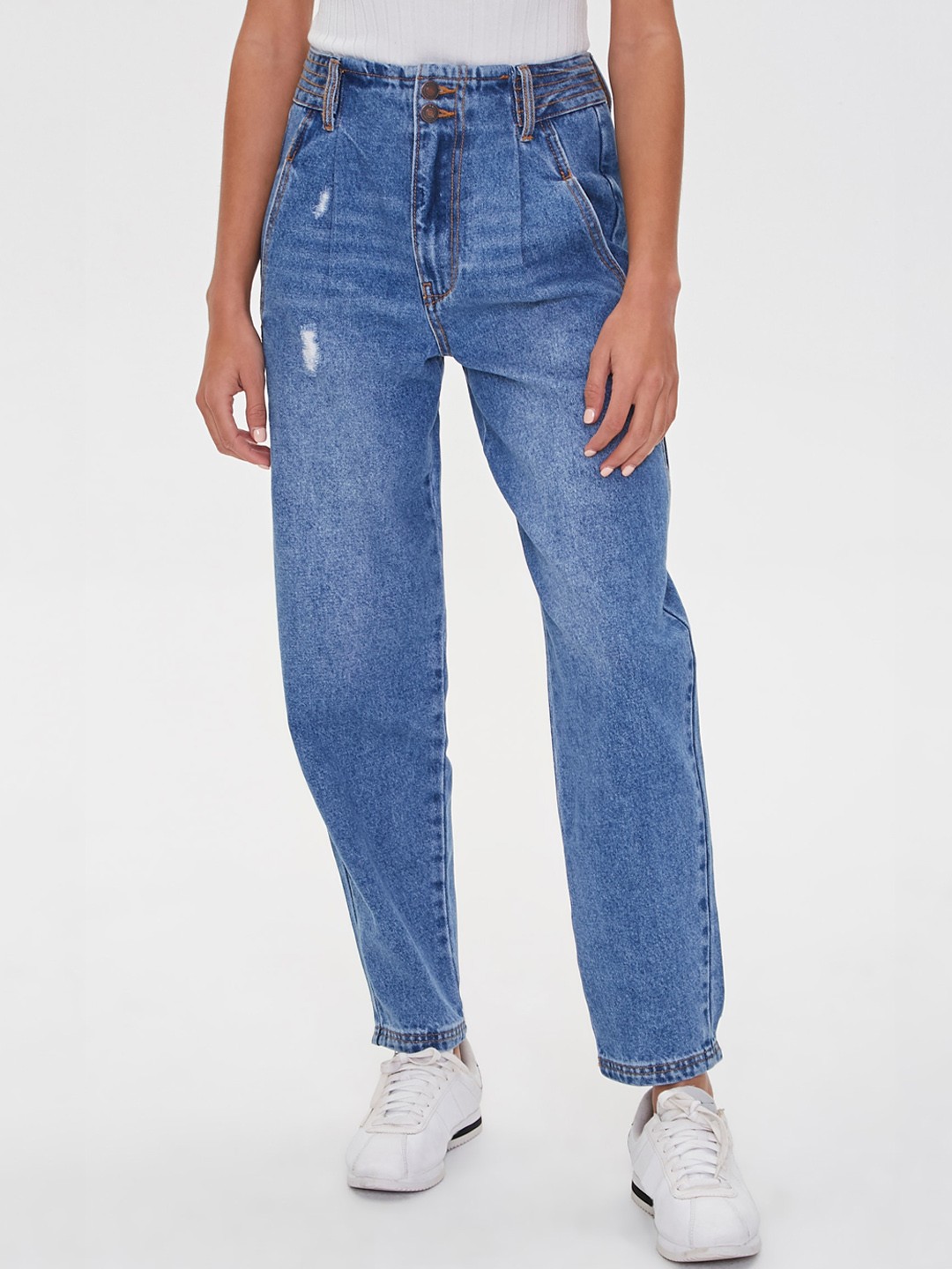 

FOREVER 21 Women Blue Mom Fit Low Distress Light Fade Jeans