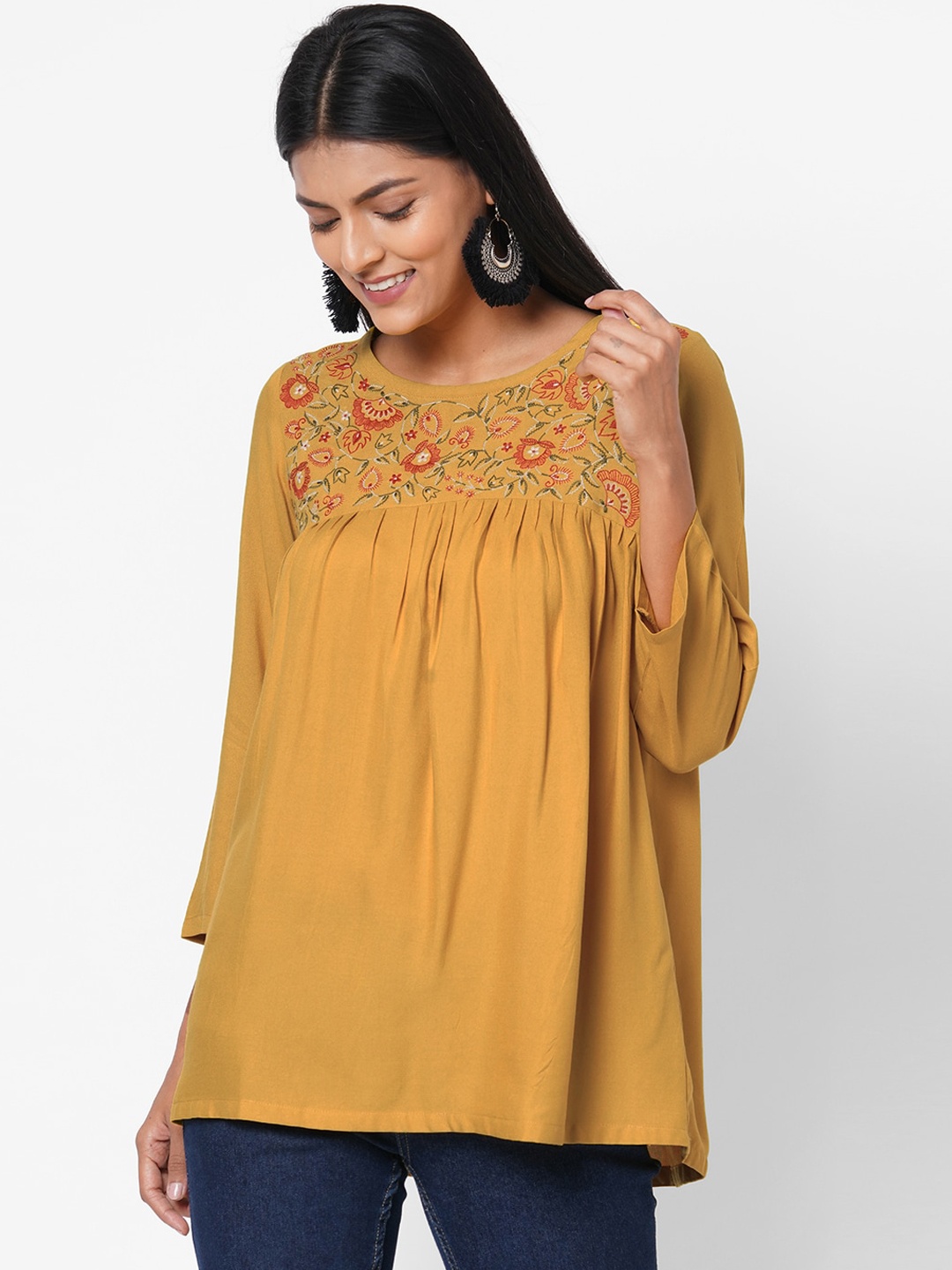

Os Women Mustard Yellow Embroidered Empire A-line Kurti