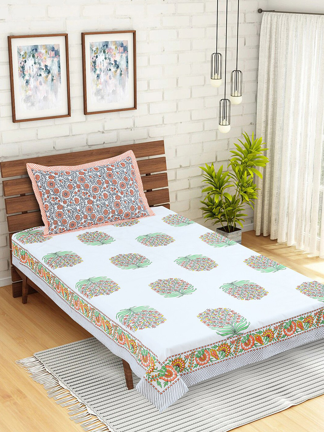 

Salona Bichona White & Orange 144 TC Pure Cotton 1 Single Bedsheet with 1 Pillow Cover