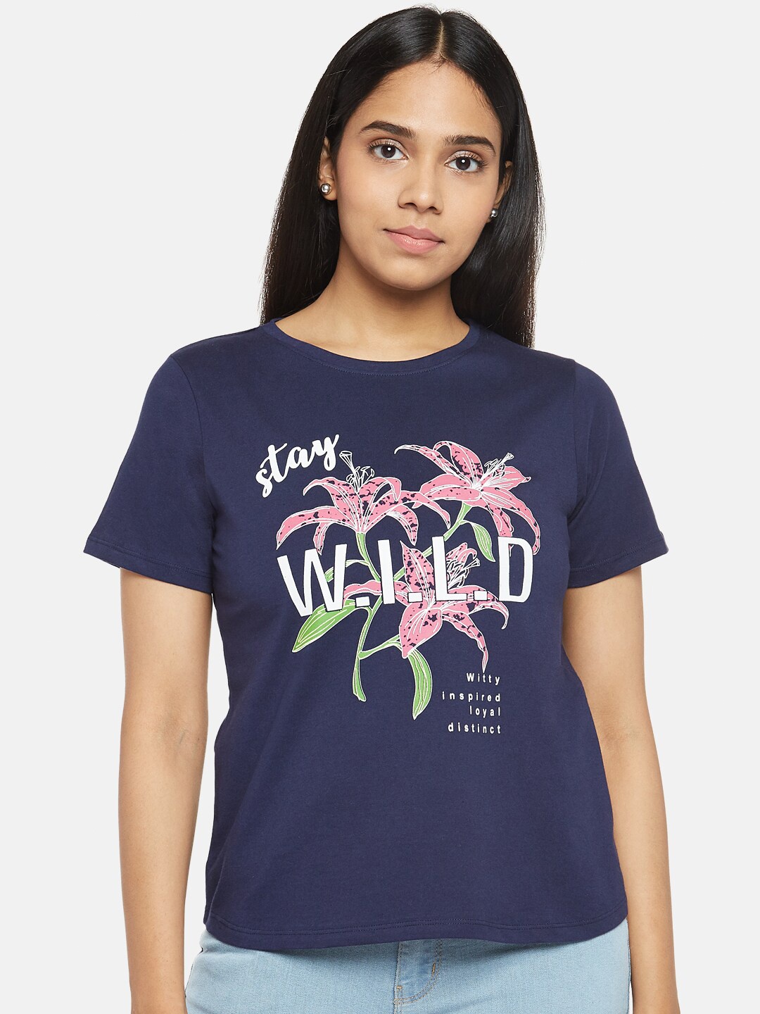 

People Women Navy Blue Typography Printed T-shirt