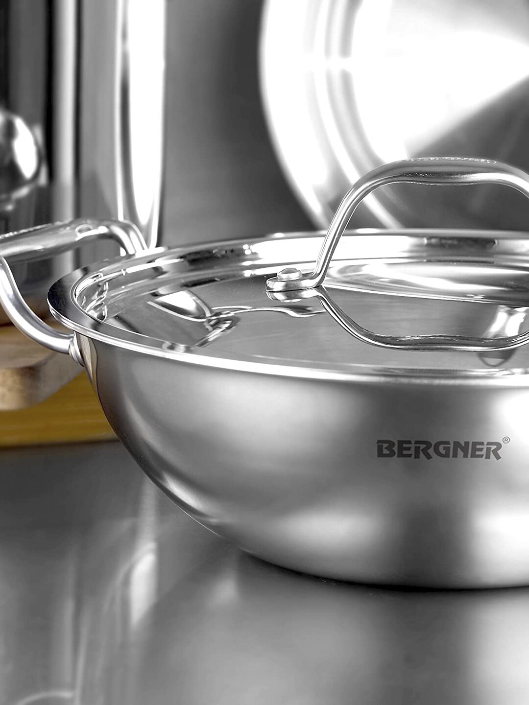 

Bergner Argent TriPly Stainless Steel Induction Bottom 20 cm (1.5 L) Kadai with Lid, Silver