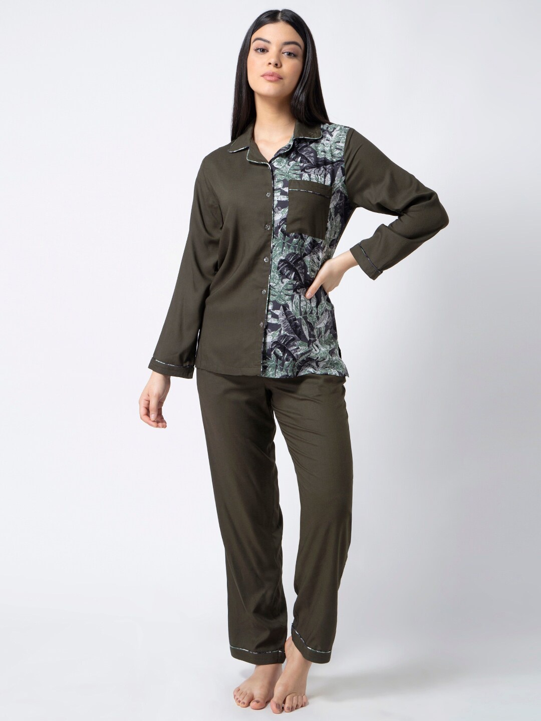 

ADORENITE Women Olive Green & Grey Printed Night Suit