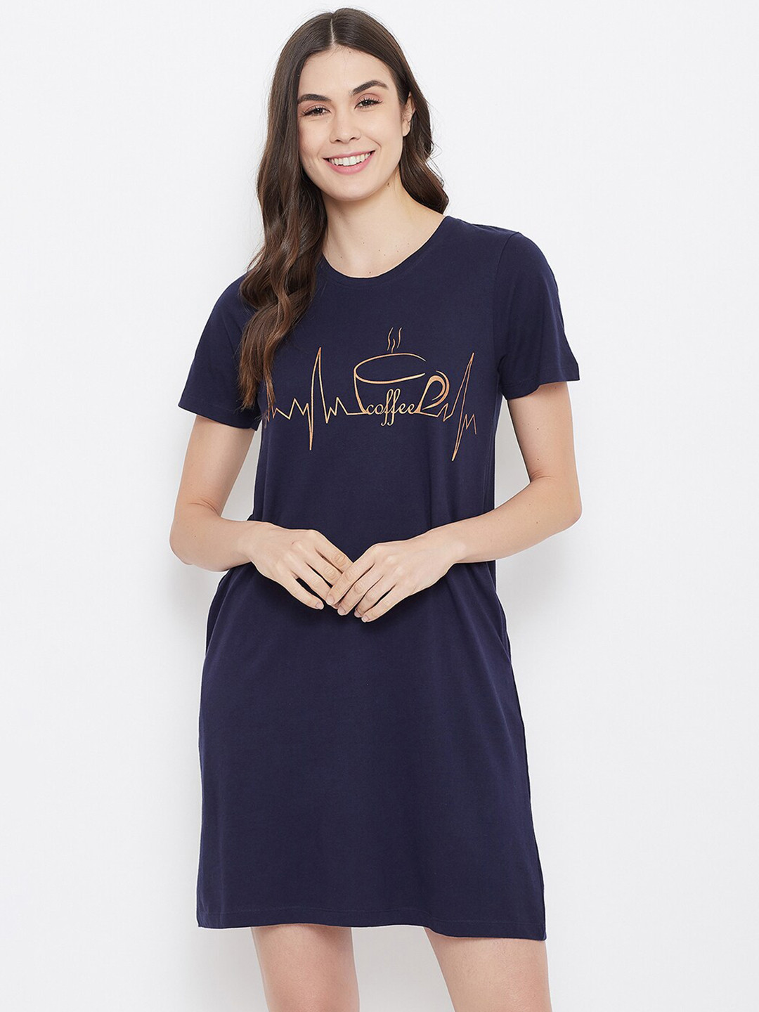 

Clovia Navy Blue & Gold-Toned Printed Cotton Nightdress
