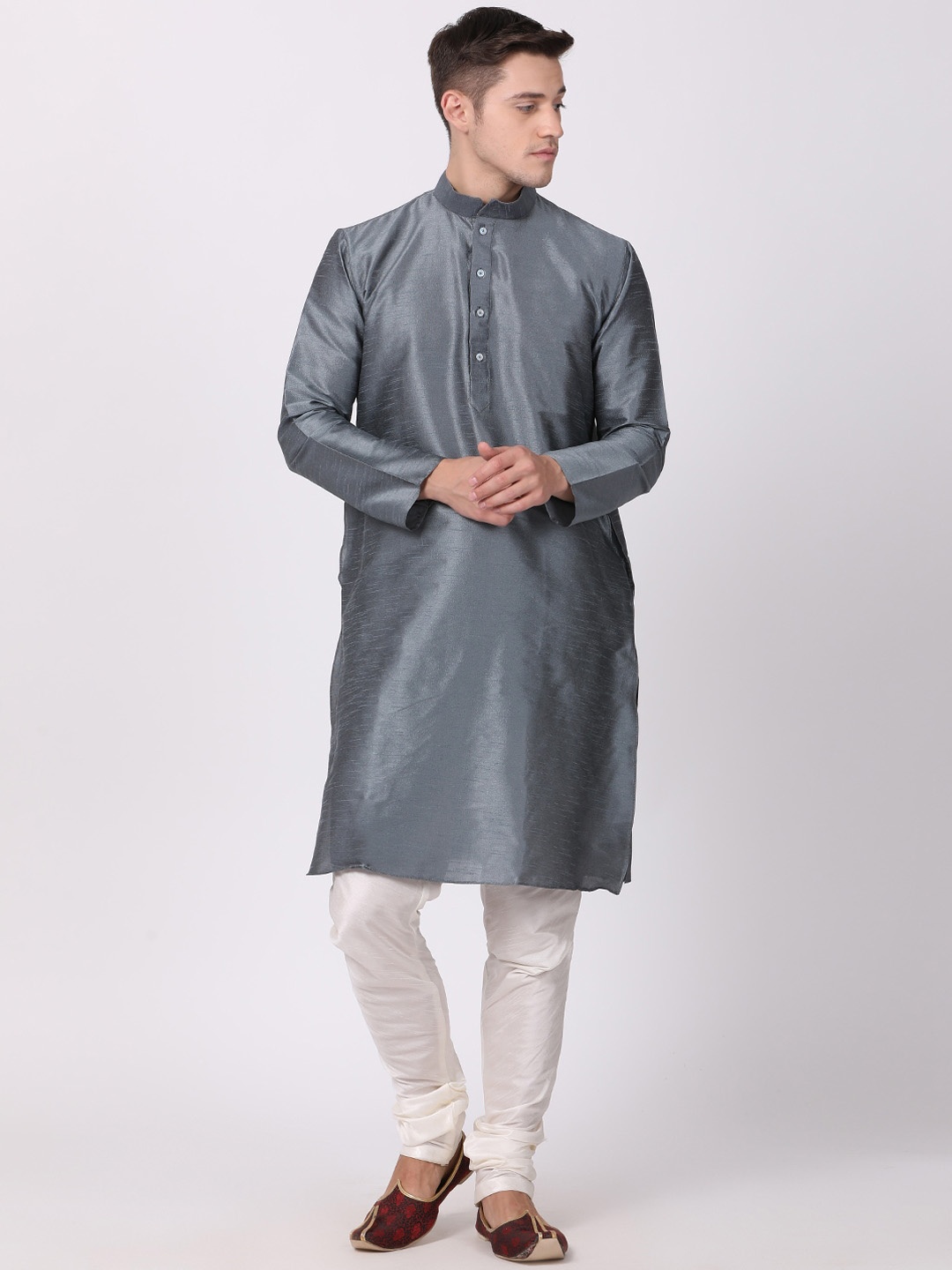 

TABARD Men Silver-Toned Solid Band Collar Dupion Kurta
