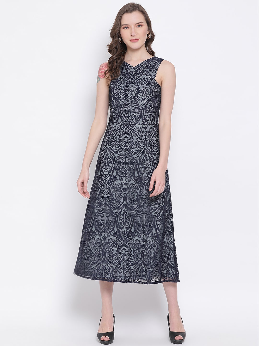 

LY2 Grey Ethnic Motifs Net A-Line Midi Dress