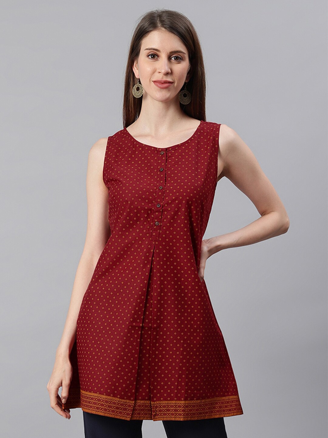 

Janasya Maroon & Brown Printed Cotton Tunic