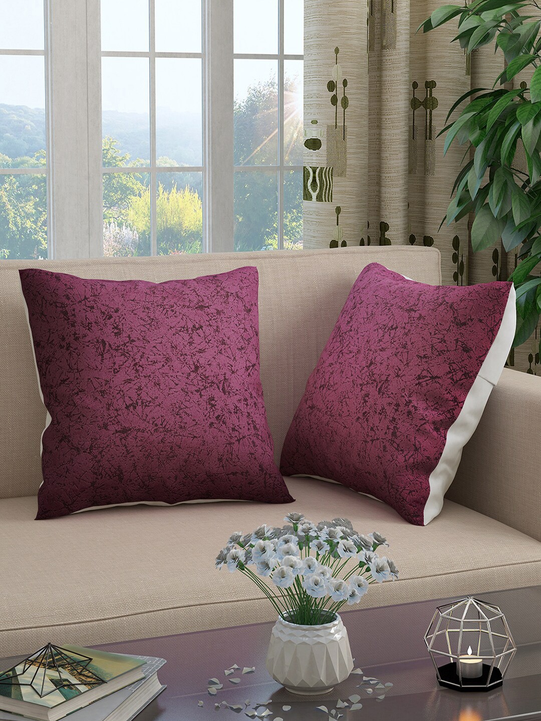 

Story@home Purple & White Set of 2 Abstract Square Cushion Covers