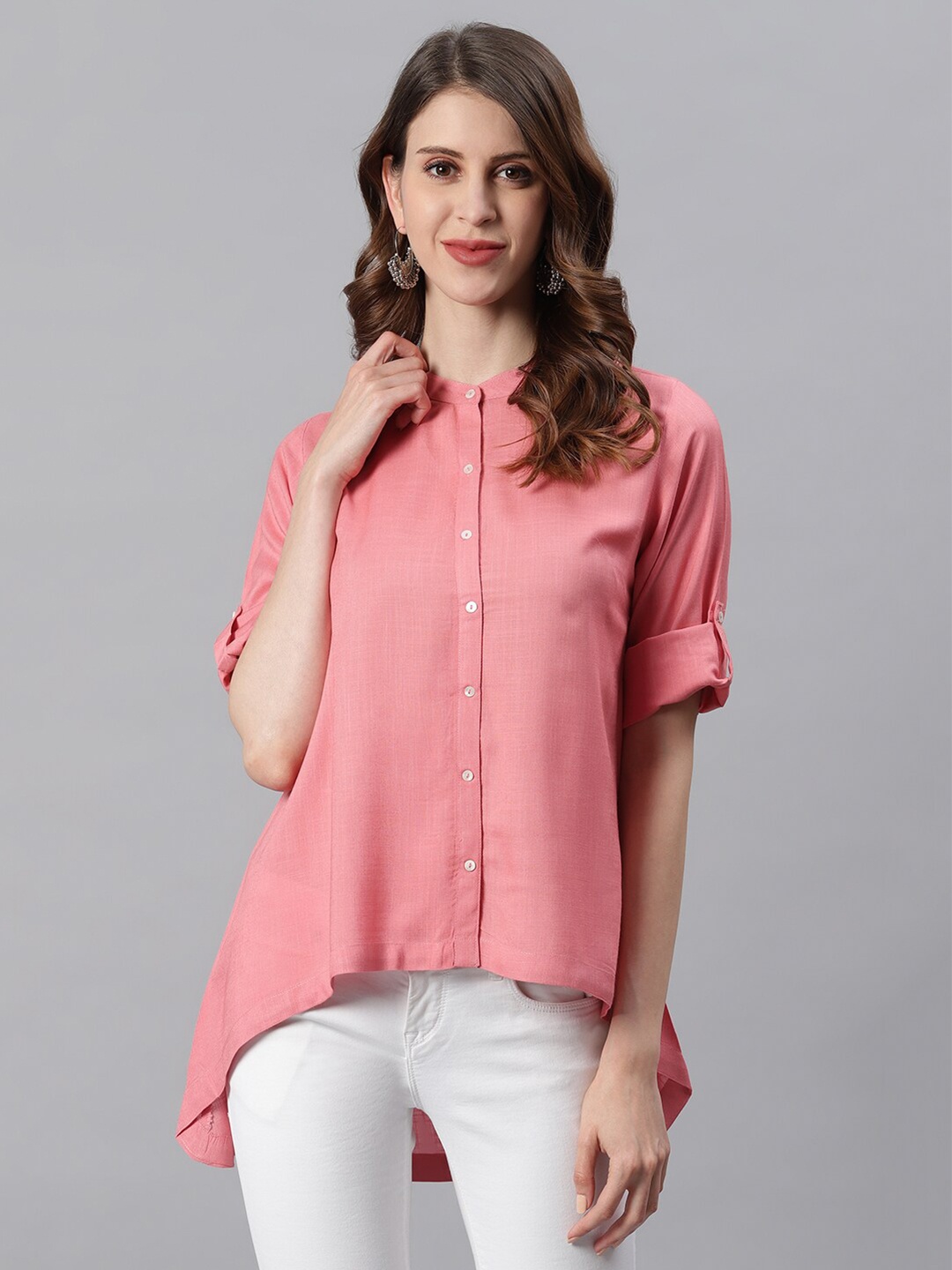 

Janasya Pink Viscose Rayon Mandarin Collar Tunic