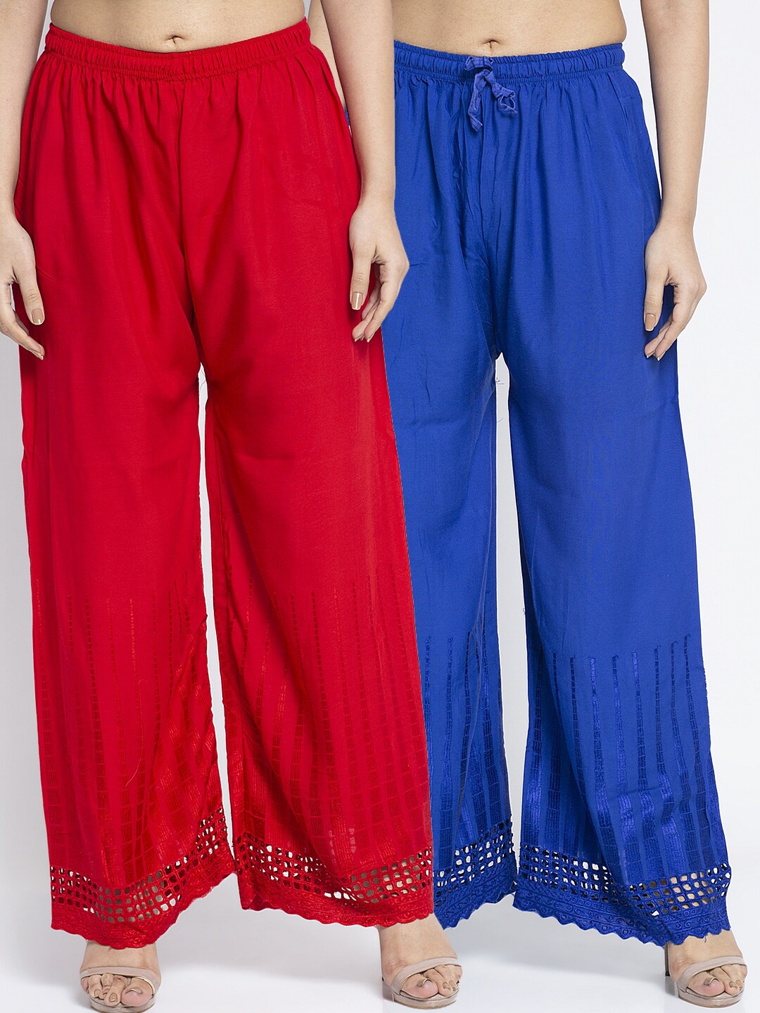 

GRACIT Women Pack Of 2 Red & Blue Hem Design Knitted Palazzos