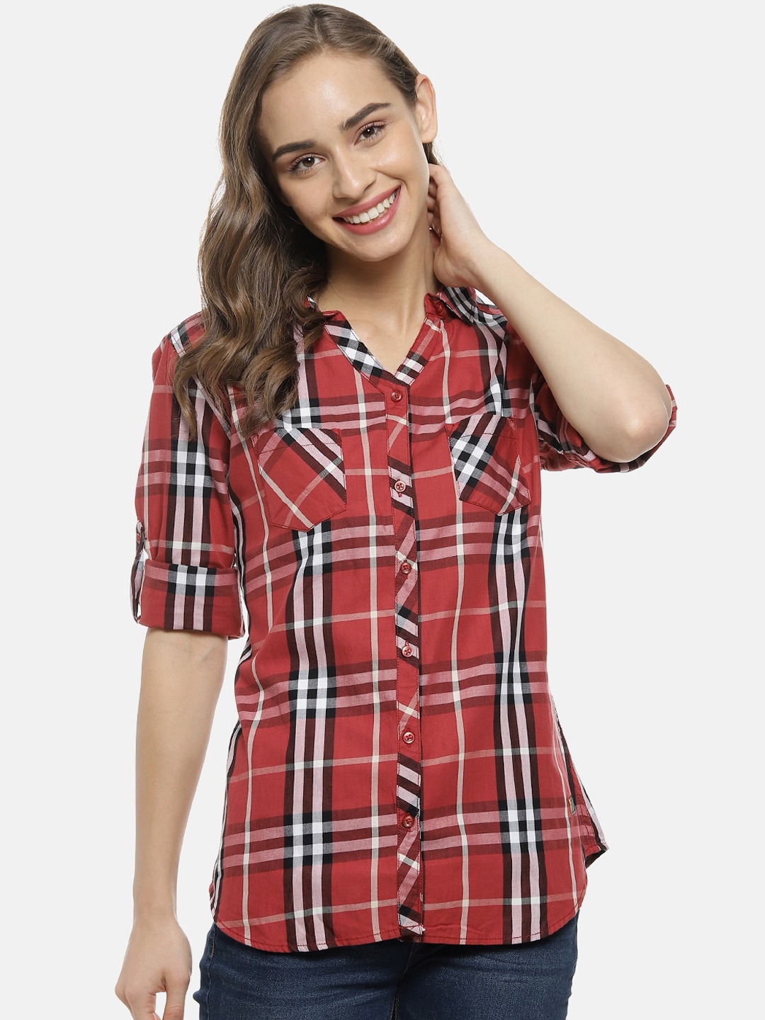 

Campus Sutra Women Red & White Regular Fit Checked Casual Shirt