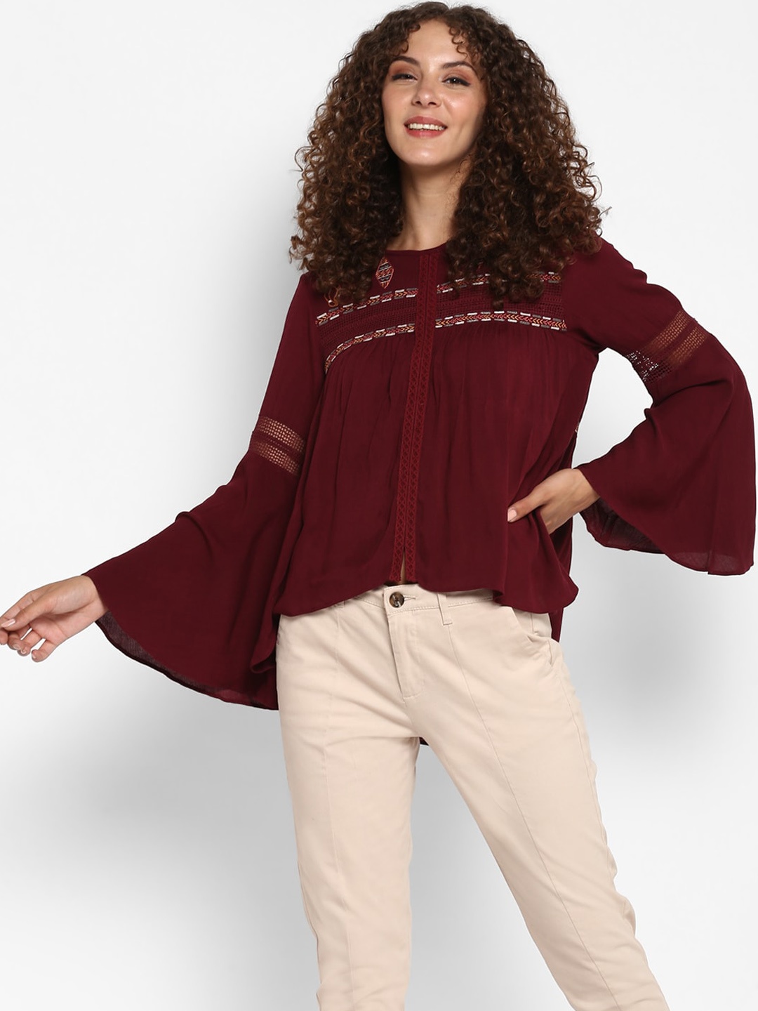 

Taurus Burgundy Ethnic Printed Flared Sleeves High-Low Top