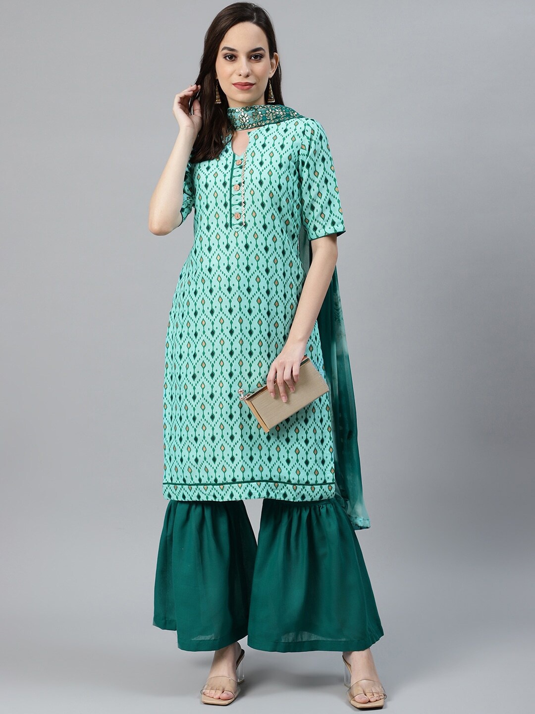 

Chhabra 555 Green & Blue Cotton Blend Unstitched Dress Material