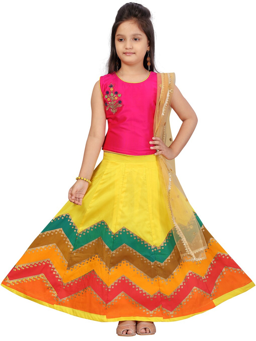 

Aarika Girls Pink & Yellow Solid Ready to Wear Lehenga & Blouse with Dupatta