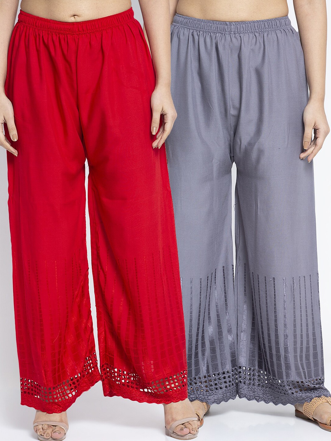 

GRACIT Pack of 2 Women Red & Grey Hem Design Knitted Palazzos