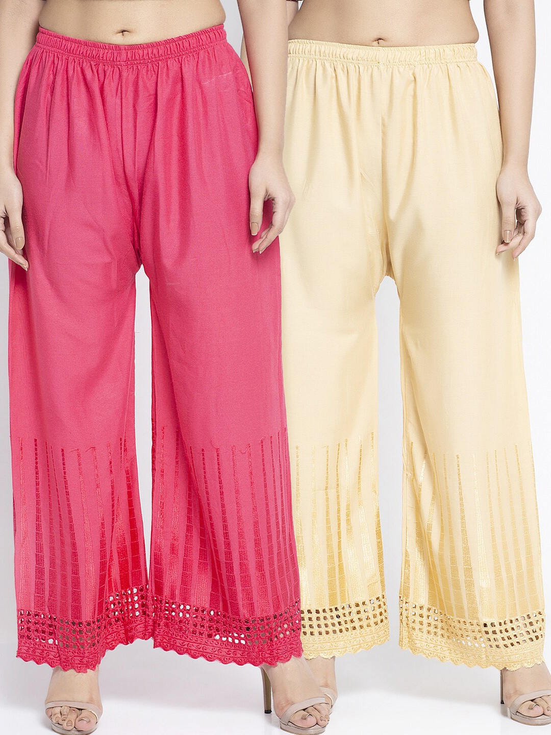 

GRACIT Women Pink & Beige Pack of 2 Hem Design Palazzos