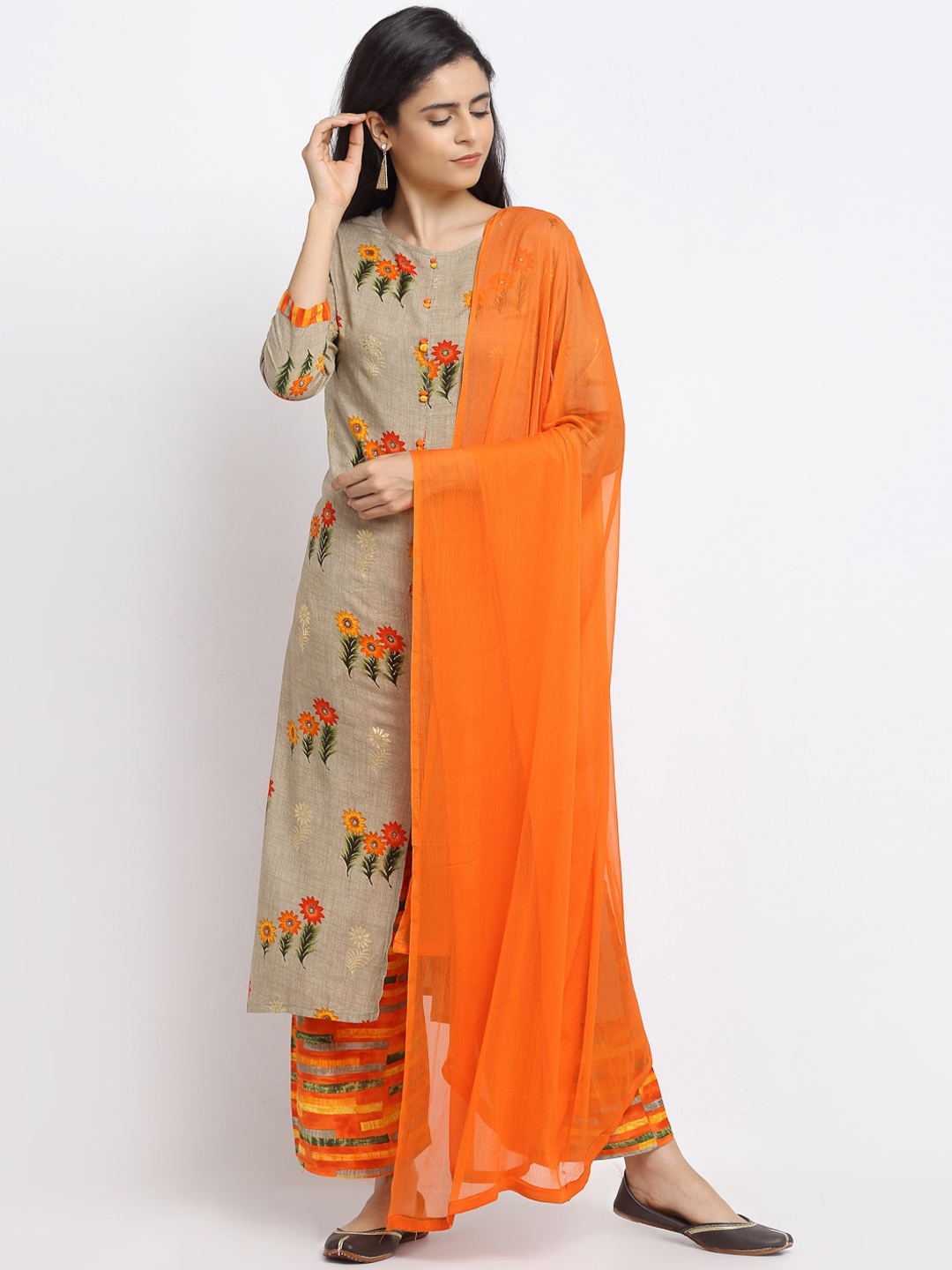 VAABA Women Beige Floral Printed Kurta with Palazzos & With Dupatta