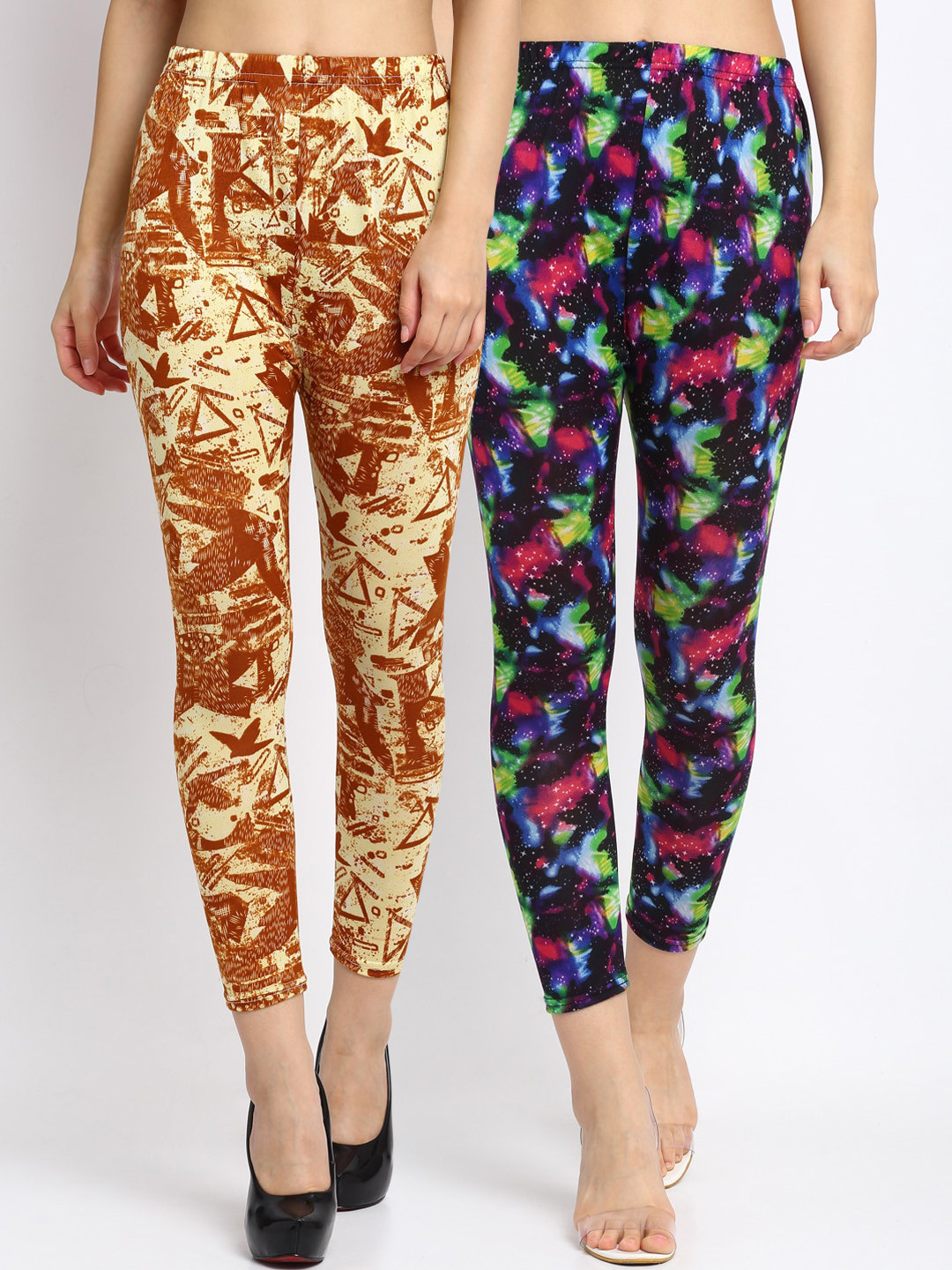

NEUDIS Women Pack Of 2 Printed Ankle-Length Leggings, Beige