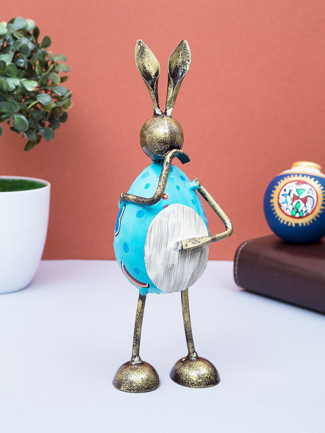 

Golden Peacock Light-Blue & Gold-Toned Handpainted Rabbit Showpiece