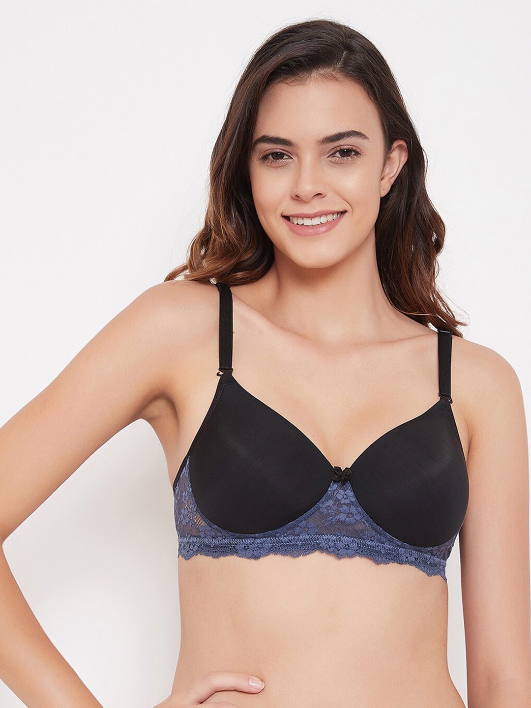 

Clovia Black & Blue Lace Non-Wired Lightly Padded T-shirt Bra BR1806Y1336E