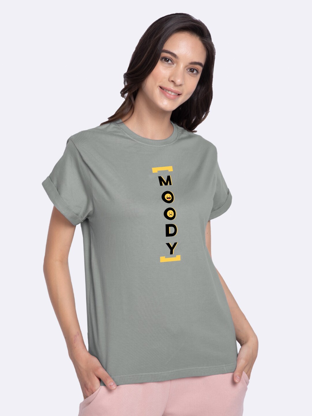 

Bewakoof Women Grey & Black Pure Cotton Printed Boyfriend T-Shirt