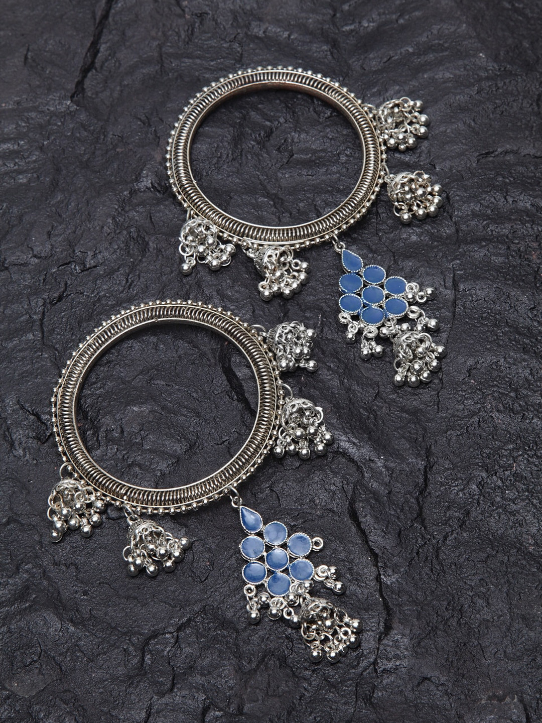 

PANASH Set Of 2 Oxidized Silver-Plated Blue Enamelled Traditional Dangler Bangles