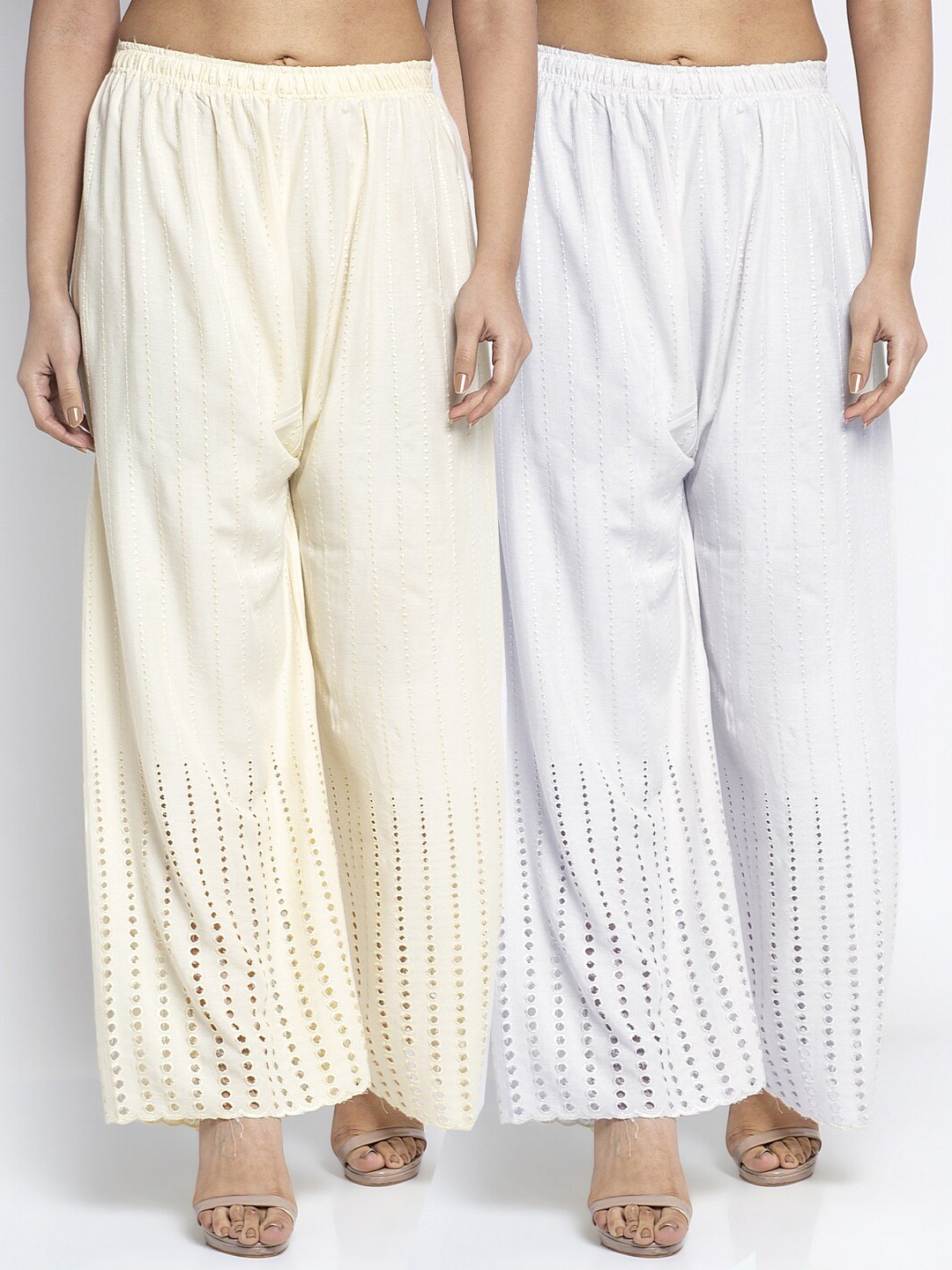 

GRACIT Pack of 2 Women White & Cream-Coloured Embroidered Knitted Palazzos