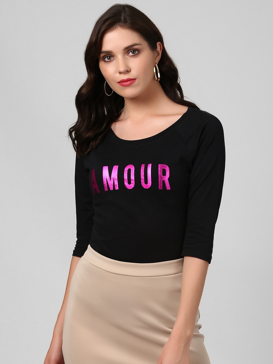 

The Dry State Women Black & Pink Pure Cotton Printed Round Neck T-shirt