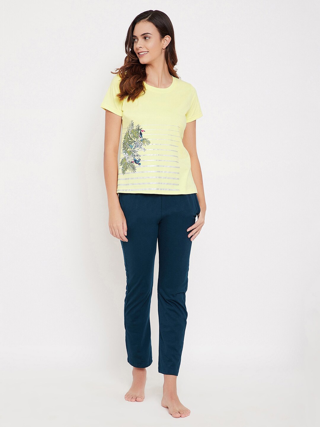 Clovia Women Yellow & Blue Printed Night suit