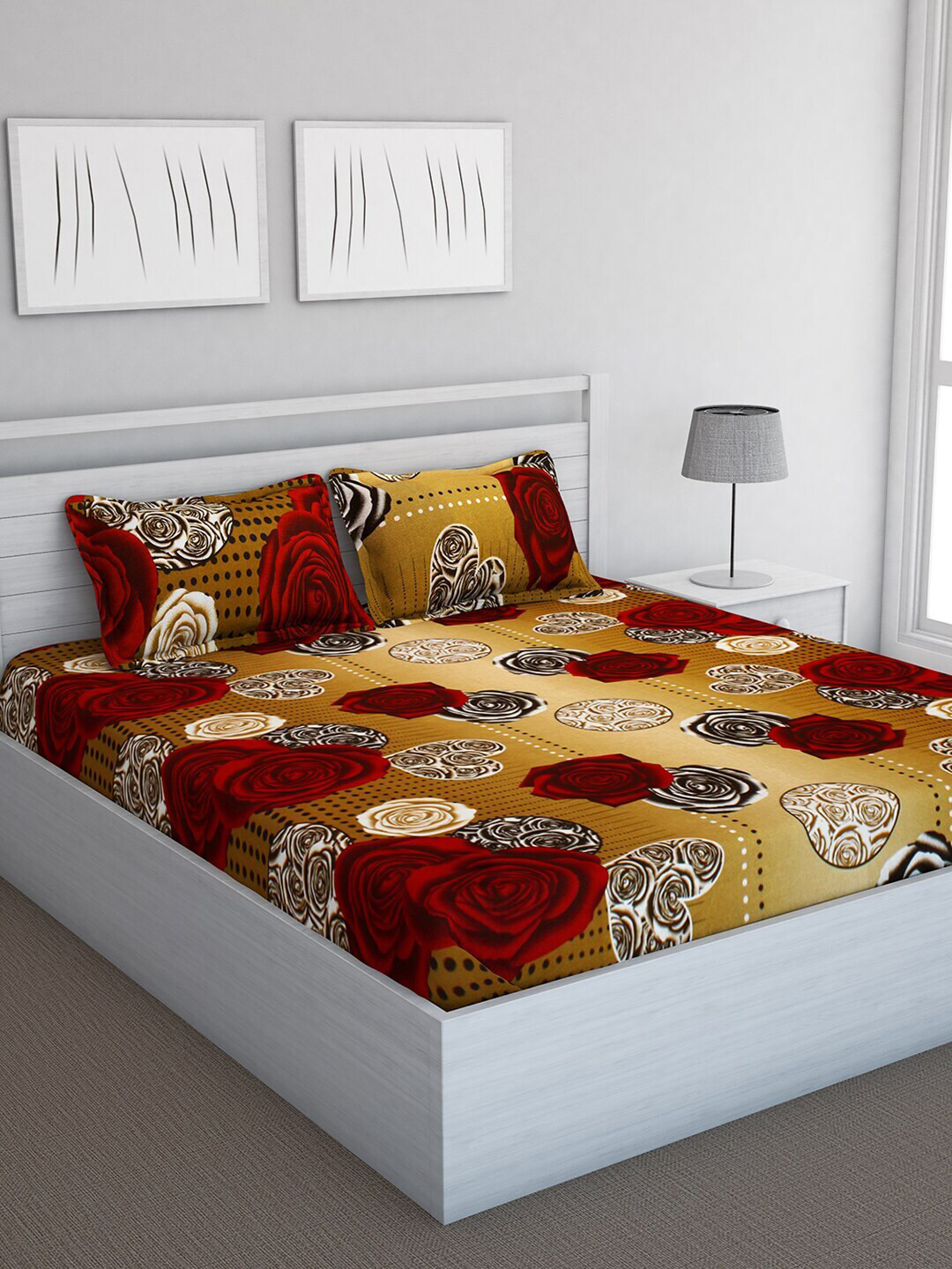 

BELLA TRUE Beige & Red Floral 144 TC Polycotton 1 Queen Bedsheet with 2 Pillow Covers