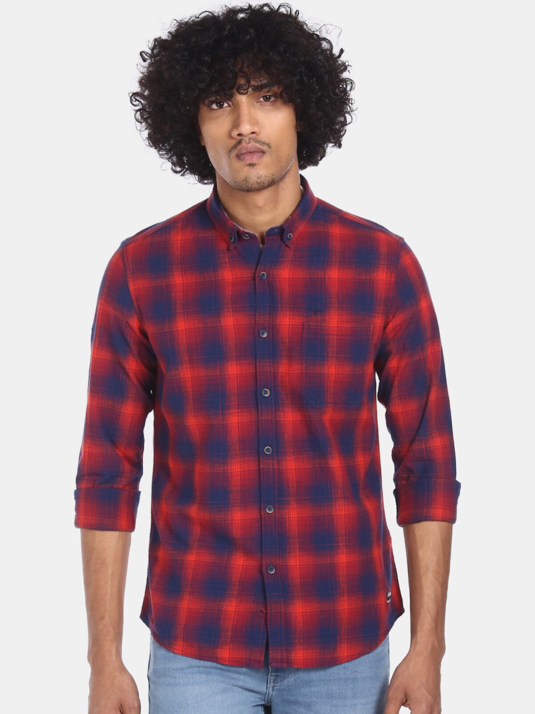 

Flying Machine Men Red & Blue Pure Cotton Regular Fit Checked Casual Shirt