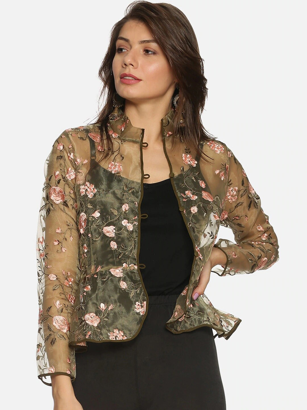 

Ira Soleil Women Olive Green & Peach Coloured Embroidered Lightweight Tailored Jacket