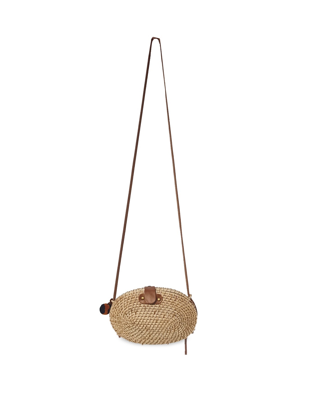 

IMARS Tan Textured Circular Handwoven Cane Crossbody Sling Bag