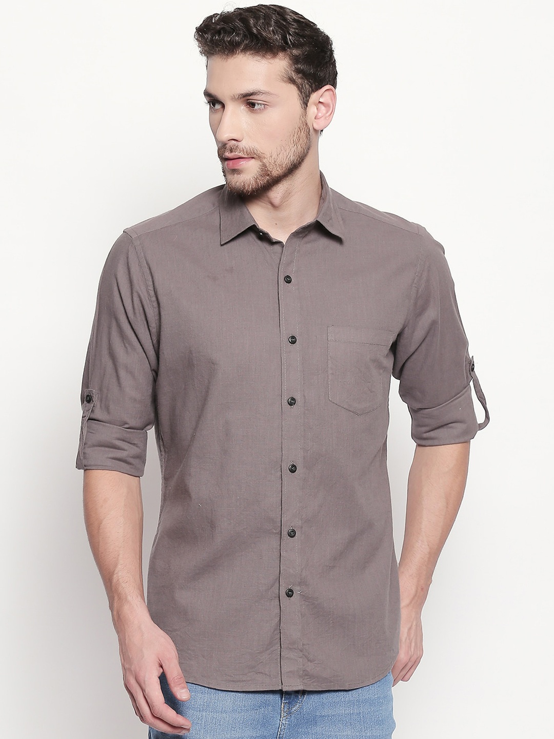 

EVOQ Men Taupe Cotton Linen Solid Regular Fit Casual Shirt