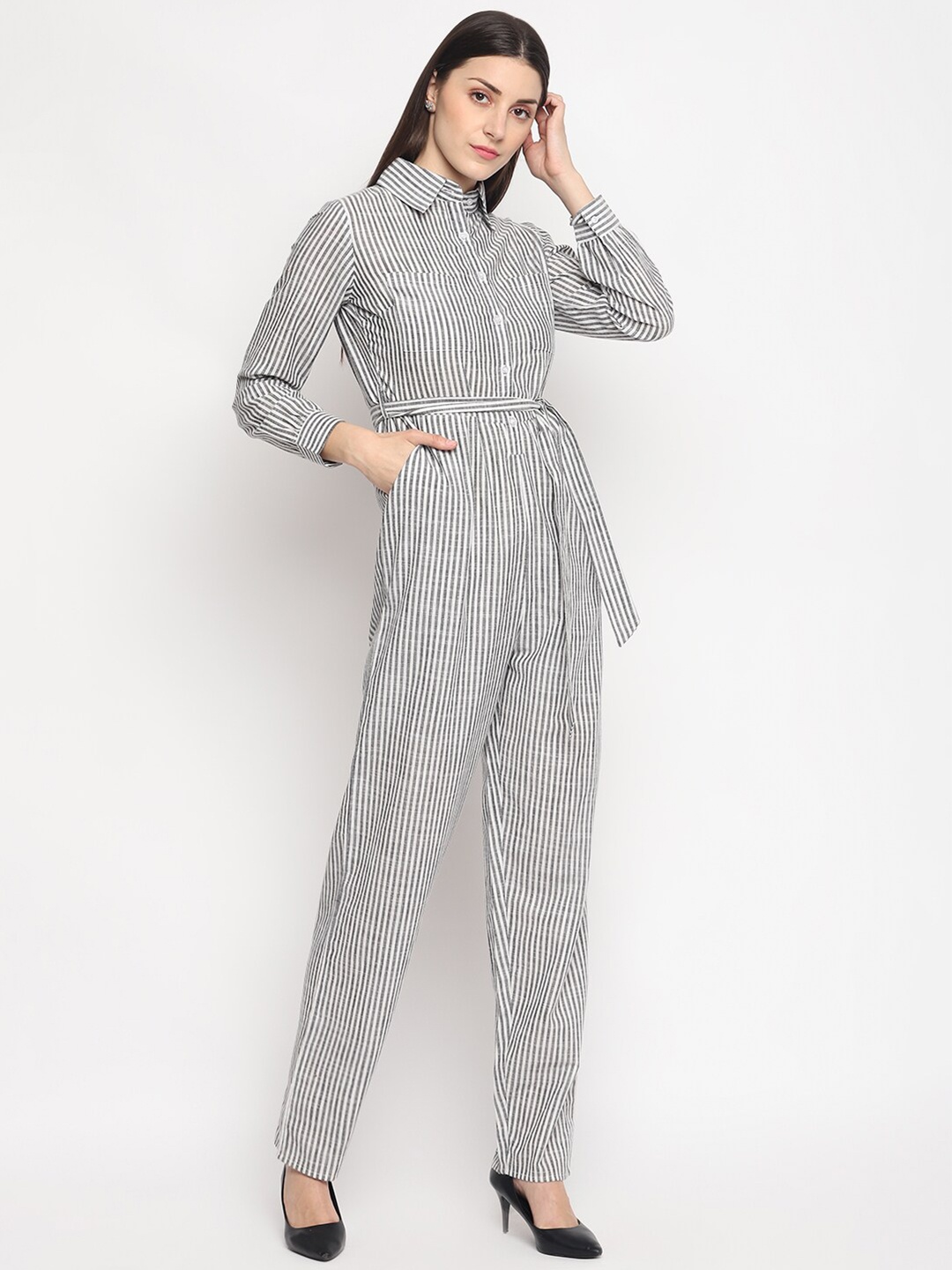 

OTORVA Women Cotton White Grey Striped Jumpsuit
